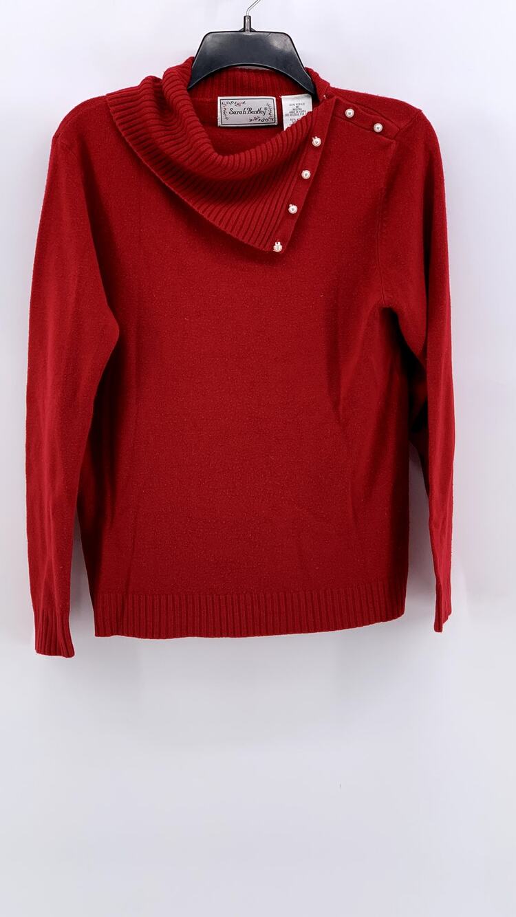 SARAH BENTLEY Women's Red Knit Split Button Fold-Over Sweater SZ M